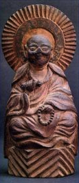 Kōbō Daishi (Kūkai), Seikaiji Temple (now in local historical museum), Shida region. H. 17 cm. Late July 1800. Rare portrait subject; temple later became inactive. Source: Muruburu vol. 38 (Nov. 2011).